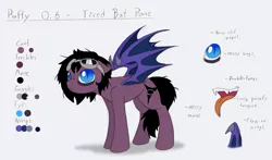 Size: 1073x630 | Tagged: safe, artist:ravenpuff, deleted from derpibooru, derpibooru import, oc, oc:puffy, unofficial characters only, bat pony, pony, bags under eyes, bat pony oc, bat wings, eye, fangs, female, goggles, mare, reference sheet, slit eyes, solo, text, tired, tongue out, wings