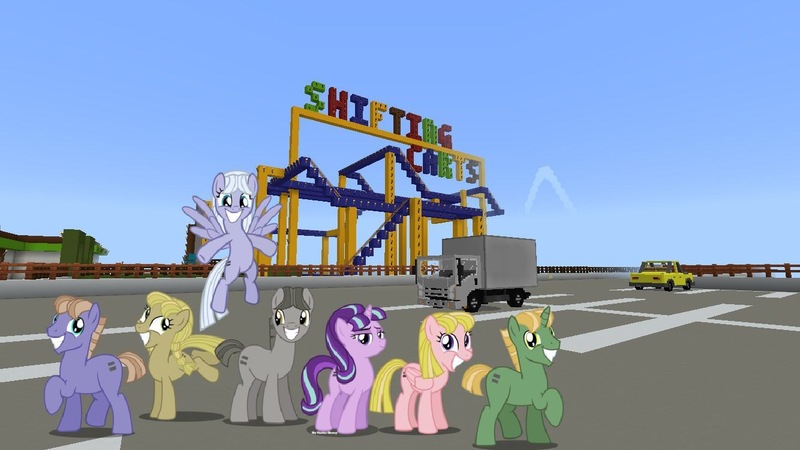 Size: 1334x750 | Tagged: safe, artist:vector-brony, derpibooru import, edit, editor:topsangtheman, offbeat, starlight glimmer, earth pony, pegasus, pony, unicorn, the cutie map, car, minecraft, roller coaster, truck