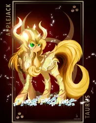 Size: 3928x5000 | Tagged: safe, artist:zidanemina, derpibooru import, part of a set, applejack, earth pony, pony, armor, crossover, digital art, female, helmet, mare, part of a series, saint seiya, smiling, solo