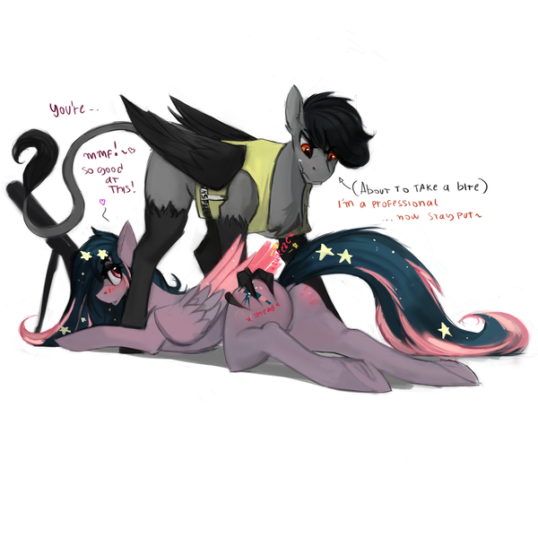 Size: 1500x1500 | Tagged: suggestive, artist:nsilverdraws, derpibooru import, oc, oc:mythos vanguard, oc:star universe, dracony, dragon, hippogriff, hybrid, pegasus, pony, ass up, blushing, blushing profusely, butt, butt blush, butt grab, butt massage, butt squish, butt touch, clothes, ethereal mane, eyes on the prize, female, flank, flank inspection, grope, hand on butt, heart, imminent bite, looking back, male, mare, moan, moaning, moaning in pleasure, on the floor, pleasure, seduction, seductive, seductive look, seductive pose, simple background, speech, spoken heart, spread butt, squeezing, talking, text, unexpected, vest, white background