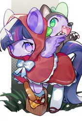Size: 692x1024 | Tagged: safe, artist:kura, derpibooru import, spike, twilight sparkle, twilight sparkle (alicorn), alicorn, dragon, pony, animal costume, apple, baguette, basket, bread, clothes, cosplay, costume, crossover, cute, duo, female, food, little red riding hood, male, mare, no pupils, open mouth, spikabetes, twiabetes, wolf costume