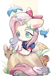 Size: 692x1024 | Tagged: safe, artist:kura, derpibooru import, fluttershy, bird, pegasus, pony, rabbit, squirrel, animal, bow, clothes, crossover, cute, dress, fawn, female, floppy ears, floral head wreath, flower, hair bow, looking at something, mare, no pupils, princess, shyabetes, sitting, snow white, solo, spread wings, three quarter view, wings