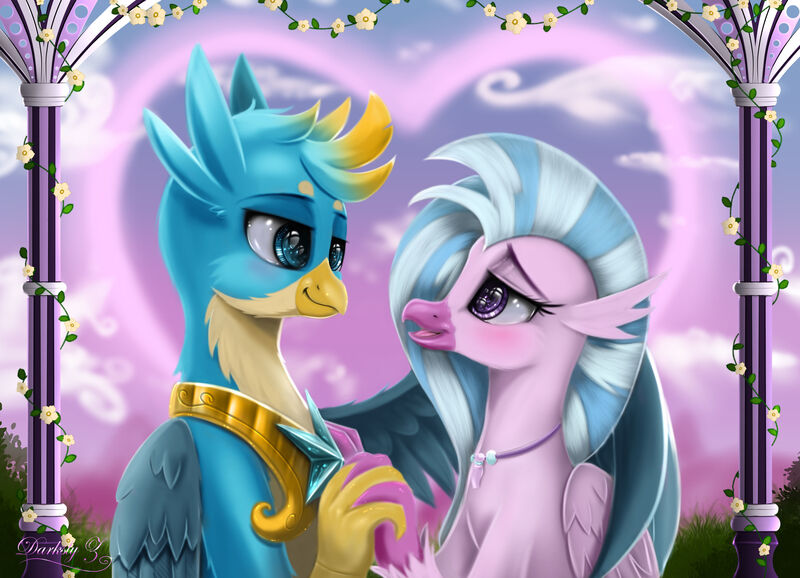 Size: 4500x3250 | Tagged: safe, artist:darksly, derpibooru import, gallus, silverstream, classical hippogriff, hippogriff, the last problem, cute, diastreamies, digital art, female, fingers interlocked, gallabetes, gallstream, holding hands, male, royal guard gallus, shipping, smiling, straight