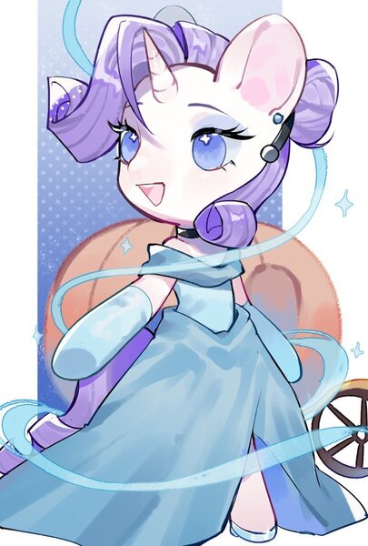 Size: 692x1024 | Tagged: safe, artist:kura, derpibooru import, rarity, pony, unicorn, alternate hairstyle, bipedal, carriage, cinderella, clothes, cosplay, costume, crossover, cute, dress, ear piercing, female, gloves, long gloves, mare, no pupils, open mouth, piercing, princess, pumpkin, raribetes, solo