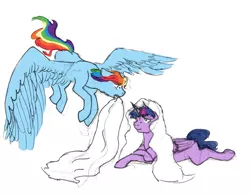 Size: 1280x1000 | Tagged: safe, artist:art-and-a-half, derpibooru import, rainbow dash, twilight sparkle, twilight sparkle (alicorn), alicorn, pegasus, pony, blanket, female, flying, lesbian, looking at each other, mare, nesting instinct, shipping, simple background, sketch, twidash, white background