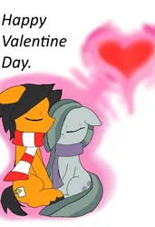 Size: 2575x3754 | Tagged: safe, artist:a.s.e, derpibooru import, marble pie, oc, oc:a.s.e, pony, canon x oc, clothes, couple, female, heart, hearts and hooves day, holiday, male, mare, scarf, shipping, stallion, together, valentine, valentine's day