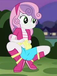 Size: 2200x2933 | Tagged: suggestive, artist:succubi samus, deleted from derpibooru, derpibooru import, edit, part of a set, sweetie belle, equestria girls, awkward, boots, clothes, implied lolicon, looking away, lycra, outdoors, raised skirt, sexy, shoes, show accurate, shy