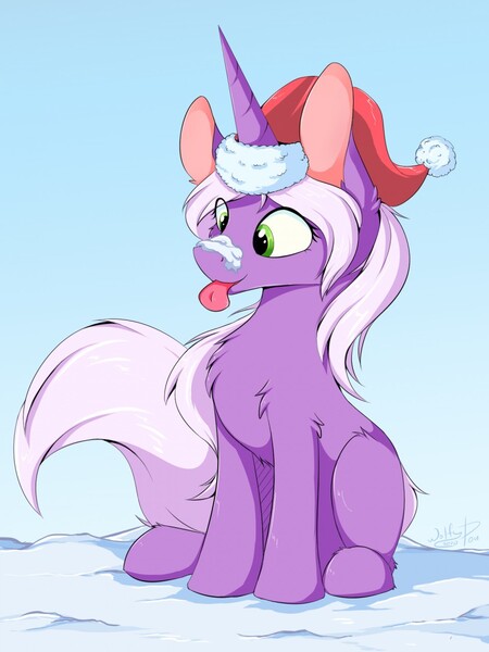 Size: 960x1280 | Tagged: safe, artist:wolfypon, derpibooru import, oc, unofficial characters only, unicorn, christmas, cute, hat, holiday, ocbetes, santa hat, snow, solo, tongue out, winter