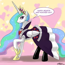 Size: 1600x1600 | Tagged: safe, artist:johnjoseco, color edit, derpibooru import, edit, princess celestia, alicorn, pony, ask gaming princess luna, princess molestia, clothes, colored, cosplay, costume, dress, heart, hearts and hooves day, holiday, latex, latex socks, socks, solo, valentine's day