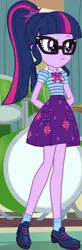 Size: 236x717 | Tagged: safe, derpibooru import, screencap, sci-twi, twilight sparkle, equestria girls, equestria girls series, overpowered (equestria girls), band room, bowtie, canterlot high, clothes, collar, cropped, cute, drums, female, geode of telekinesis, glasses, hands behind back, high school, jewelry, magical geodes, musical instrument, pockets, ponytail, raised eyebrow, shirt, shoes, short sleeves, skirt, socks, solo, twiabetes