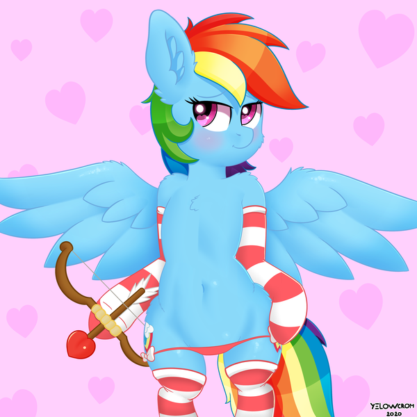 Size: 4000x4000 | Tagged: suggestive, artist:yelowcrom, derpibooru import, rainbow dash, pegasus, pony, abstract background, adorasexy, arrow, bipedal, blushing, bow, bow (weapon), bow and arrow, cheek fluff, chest fluff, clothes, cupid, cute, dashabetes, ear fluff, female, heart eyes, hearts and hooves day, holiday, leg fluff, mare, red socks, sexy, shoulder fluff, socks, solo, solo female, spread wings, striped socks, stupid sexy rainbow dash, valentine's day, weapon, wing fluff, wingding eyes, wings