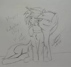 Size: 3024x2857 | Tagged: safe, artist:darthalex70, derpibooru import, oc, oc:cradle, oc:piper, unofficial characters only, pony, unicorn, blushing, collar, cork, holiday, kiss on the cheek, kissing, traditional art, valentine's day