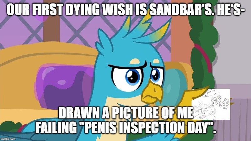 Size: 888x499 | Tagged: artist:jargon scott, artist:wenni, caption, derpibooru import, edit, edited screencap, expiration date, gallus, gallus has a tiny dick, gallus the bantam cawk, image macro, implied sandbar, meme, penis inspection day, screencap, small penis humiliation, suggestive, team fortress 2, text, the hearth's warming club