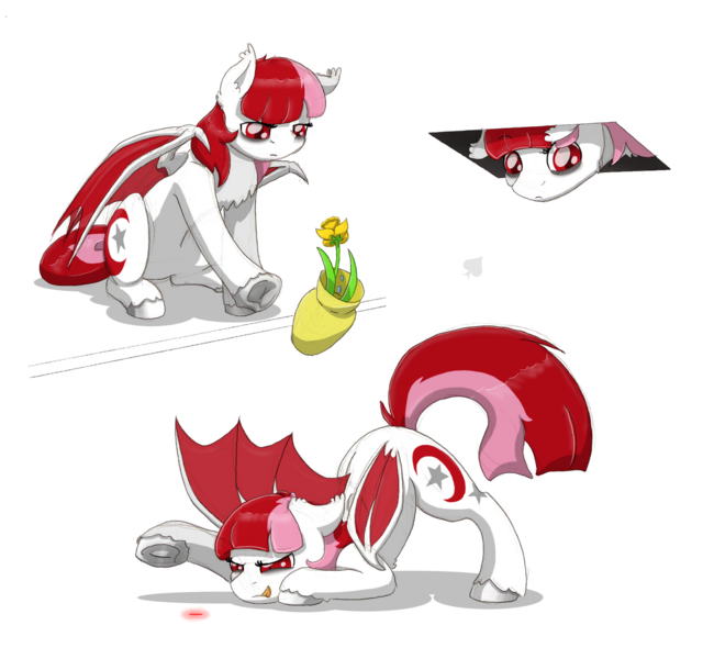 Size: 1280x1181 | Tagged: safe, artist:ravenpuff, deleted from derpibooru, derpibooru import, oc, oc:lunei, bat pony, pony, bat pony oc, bat wings, behaving like a cat, ceiling cat, ceiling pony, face down ass up, flower, laser pointer, simple background, transparent background, vase, wings