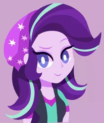 Size: 1600x1901 | Tagged: safe, artist:mearinne, derpibooru import, starlight glimmer, equestria girls, mirror magic, spoiler:eqg specials, beanie, eyelashes, hat, looking at you, pink background, raised eyebrow, simple background, simplistic art style, smiling, smirk, solo