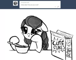 Size: 999x800 | Tagged: safe, artist:nimaru, derpibooru import, oc, oc:winter willow, pony, ask, bowl, cereal, corn flakes, eating, female, food, mare, monochrome, solo, spoon