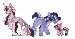 Size: 1920x1007 | Tagged: safe, artist:owl-clockwork, derpibooru import, oc, oc:moonlit nova, oc:nebula glow, oc:rose star, unofficial characters only, classical unicorn, earth pony, pegasus, pony, unicorn, blank flank, bow, cloven hooves, coat markings, curved horn, female, filly, hair bow, horn, leonine tail, male, mare, offspring, parent:flash sentry, parent:twilight sparkle, parents:flashlight, siblings, simple background, stallion, unshorn fetlocks, white background