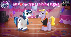 Size: 960x504 | Tagged: safe, derpibooru import, idw, buck withers, shining armor, earth pony, pony, unicorn, neigh anything, spoiler:comic, spoiler:comic11, spoiler:comic12, balloon, basketball court, basketball net, confetti, court, disco ball, duo, facebook, gameloft, heart, idw showified, jewelry, looking at you, male, my little pony logo, necklace, necktie, smiling, smiling at you, speakers, stallion, teen shining armor, text, younger