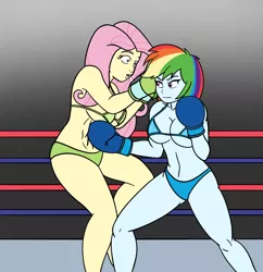 Size: 900x928 | Tagged: suggestive, artist:linedraweer, derpibooru import, fluttershy, rainbow dash, fighting is magic, equestria girls, belly punch, bikini, boxing, boxing gloves, boxing ring, breasts, clothes, comic, commission, fight, foxy boxing, punch, ropes, spitting, sports, swimsuit