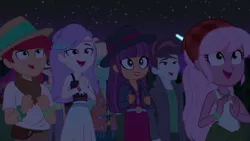 Size: 1920x1080 | Tagged: safe, derpibooru import, screencap, alizarin bubblegum, ginger owlseye, hunter hedge, raspberry lilac, snow flower, track starr, zephyr breeze, equestria girls, equestria girls series, sunset's backstage pass!, spoiler:eqg series (season 2), background human, clothes, fedora, female, hat, male, midriff, night, night sky, sky, tanktop