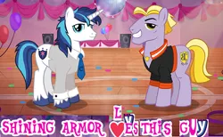 Size: 642x396 | Tagged: safe, derpibooru import, edit, editor:horsesplease, idw, buck withers, shining armor, earth pony, pony, unicorn, caption, duo, expand dong, exploitable meme, gay, holiday, idw showified, image macro, male, meme, ruined, shiningwithers, shipping, stallion, text, valentine's day, wow! glimmer