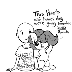 Size: 2250x2250 | Tagged: safe, artist:tjpones, derpibooru import, part of a set, oc, oc:brownie bun, oc:richard, earth pony, human, pony, horse wife, bald, chest fluff, dialogue, female, grayscale, hearts and hooves day, holiday, jewelry, male, mare, monochrome, necklace, pearl necklace, simple background, valentine's day, white background