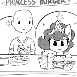 Size: 2250x2250 | Tagged: safe, artist:tjpones, derpibooru import, part of a set, oc, oc:brownie bun, oc:richard, earth pony, human, pony, horse wife, bald, burger, chest fluff, female, food, french fries, grayscale, hay burger, hearts and hooves day, holiday, jewelry, male, mare, monochrome, necklace, pearl necklace, salad, simple background, softdrink, tiara, valentine's day, white background