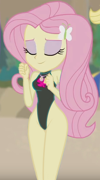 Size: 440x794 | Tagged: suggestive, derpibooru import, edit, edited screencap, editor:steamanddieselman, screencap, fluttershy, equestria girls, beach, clothes, cropped, eyes closed, female, fluttershy's one-piece swimsuit, image, jpeg, one-piece swimsuit, solo, solo female, swimsuit, swimsuit edit, wide hips