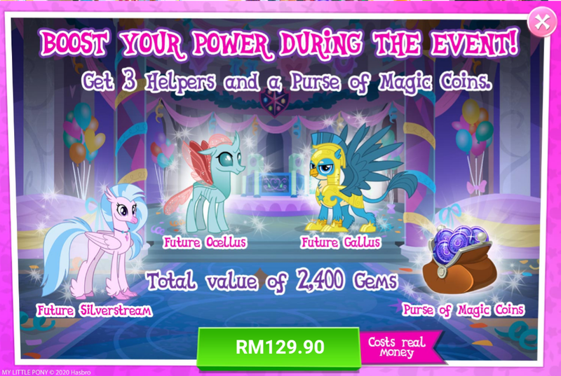 Size: 1030x691 | Tagged: safe, derpibooru import, gallus, ocellus, silverstream, pony, the last problem, advertisement, costs real money, gameloft, magic coins, older, older gallus, older ocellus, older silverstream