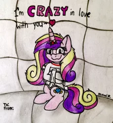 Size: 2034x2219 | Tagged: safe, artist:michaelmaddox222, deleted from derpibooru, derpibooru import, princess cadance, alicorn, pony, bondage, colored, female, horn, horn ring, insanity, looking at you, magic suppression, padded cell, pencil drawing, princess yandance, restrained, ring, signature, solo, straitjacket, traditional art, valentine's day card