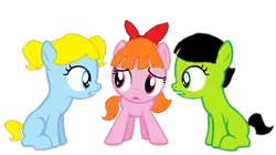 Size: 1024x575 | Tagged: artist needed, source needed, safe, derpibooru import, ponified, earth pony, pony, blossom (powerpuff girls), bow, bubbles (powerpuff girls), buttercup (powerpuff girls), female, filly, simple background, sitting, the powerpuff girls, transparent background, trio, vector