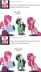 Size: 1280x2260 | Tagged: safe, artist:kaggy009, derpibooru import, pinkie pie, oc, oc:peppermint pattie (unicorn), pony, ask peppermint pattie, cupcake, food, knife, mouth hold, party cannon, pinkamena diane pie