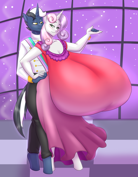 Size: 1866x2400 | Tagged: suggestive, artist:blues64, artist:marauder6272, derpibooru import, sweetie belle, oc, oc:chrome shield, anthro, unguligrade anthro, unicorn, big breasts, breasts, busty sweetie belle, canon x oc, chromebelle, clothes, dancing, dress, huge breasts, hyper, hyper breasts, impossibly large breasts, male, story:sophomoric sweetie belle, uniform