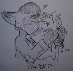 Size: 1280x1229 | Tagged: artist:somechickwhodraws, blushing, capper dapperpaws, capperity, cute, derpibooru import, ear fluff, female, forehead kiss, kissing, male, monochrome, my little pony: the movie, rarity, safe, shipping, sketch, straight, traditional art