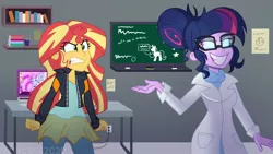 Size: 1280x720 | Tagged: safe, artist:wubcakeva, derpibooru import, kiwi lollipop, sci-twi, sunset shimmer, supernova zap, twilight sparkle, human, equestria girls, angry, chalkboard, clothes, computer, duo focus, grin, jacket, k-lo, lab coat, laboratory, laptop computer, midnight sparkle, pants, postcrush, redraw, smiling, su-z