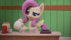 Size: 1920x1080 | Tagged: safe, derpibooru import, screencap, fluttershy, pegasus, pony, my little pony: pony life, my little pony: stop motion short, valentine's day card (short), animated, cup, fluttershy is not amused, food, implied pinkie pie, sad, solo, sound, spilled drink, stop motion, surprised, tea, teacup, teapot, unamused, webm