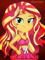 Size: 1536x2048 | Tagged: safe, artist:artmlpk, derpibooru import, sunset shimmer, equestria girls, adorable face, adorkable, bare shoulders, belly button, bow, chest, clothes, cute, dork, dress, female, holiday, looking at you, midriff, miniskirt, outfit, shimmerbetes, skirt, smiling, smiling at you, smirk, solo, valentine, valentine's day