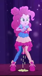 Size: 413x744 | Tagged: suggestive, derpibooru import, edit, edited screencap, screencap, pinkie pie, equestria girls, equestria girls series, sunset's backstage pass!, spoiler:eqg series (season 2), clothes, cropped, female, fetish, pee edit, peeing on the floor, pissing, solo, solo female, urine, watersports, wet clothes, wet pants, wetting