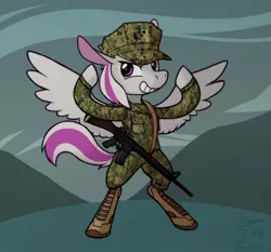Size: 1024x953 | Tagged: safe, artist:enma-darei, derpibooru import, oc, unofficial characters only, pegasus, pony, assault rifle, boots, camouflage, clothes, grin, gun, hat, m16a4, marine, marpat woodland, military uniform, rifle, shoes, smiling, solo, weapon