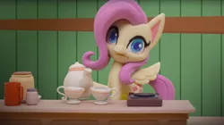 Size: 1673x935 | Tagged: safe, derpibooru import, screencap, fluttershy, pegasus, pony, my little pony: pony life, my little pony: stop motion short, valentine's day card (short), :i, cup, food, solo, stop motion, tea, teacup, teapot