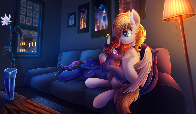 Size: 4290x2500 | Tagged: safe, artist:atlas-66, derpibooru import, oc, oc:sketch, oc:wholeheart, unofficial characters only, pegasus, pony, city, crystaller building, female, flower, hug, lamp, living room, love, male, manehattan, mare, night, room, shipping, stallion, straight, vase, window, winter