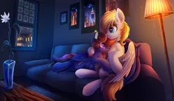 Size: 4290x2500 | Tagged: safe, artist:atlas-66, derpibooru import, oc, oc:sketch, oc:wholeheart, unofficial characters only, pegasus, pony, city, crystaller building, female, flower, hug, lamp, living room, love, male, manehattan, mare, night, room, shipping, stallion, straight, vase, window, winter