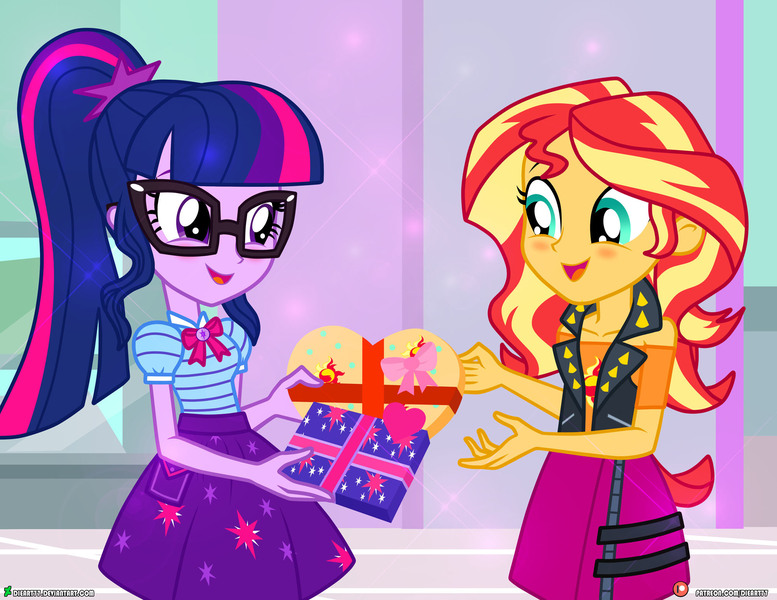 Size: 2000x1545 | Tagged: safe, artist:dieart77, derpibooru import, sci-twi, sunset shimmer, twilight sparkle, equestria girls, blushing, box of chocolates, clothes, commission, duo, female, geode of telekinesis, glasses, holiday, jacket, leather jacket, lesbian, magical geodes, open mouth, ponytail, scitwishimmer, shipping, skirt, sunsetsparkle, valentine's day