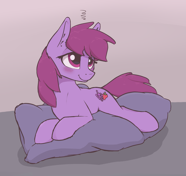 Size: 1900x1800 | Tagged: safe, artist:whiskeypanda, derpibooru import, berry punch, berryshine, earth pony, pony, berrybetes, blushing, cute, drunk, ear fluff, female, mare, pillow, prone, smiling, solo