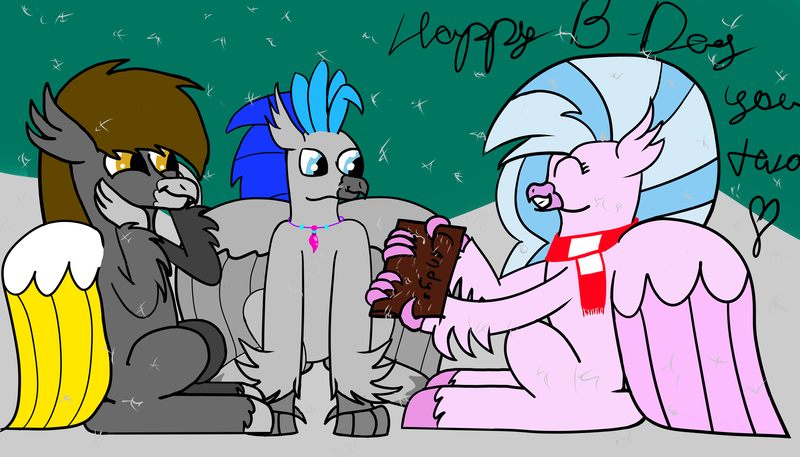 Size: 5830x3330 | Tagged: artist:profyurko, clothes, derpibooru import, hippogriff, hippogriff oc, oc, oc:messier, oc:yutaka deo, safe, scarf, silverstream, simple background