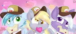 Size: 2189x988 | Tagged: safe, artist:rainbow eevee, derpibooru import, appointed rounds, derpy hooves, rainy day, pegasus, pony, adorable face, blushing, cap, clothes, cute, derpabetes, envelope, eyelashes, female, green eyes, hat, heart, holiday, lidded eyes, looking at you, mail, mailbox, mailmare, mailpony, mouth hold, pink background, purple eyes, simple background, smiling, smiling at you, valentine's day, yellow eyes
