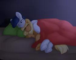 Size: 2500x2000 | Tagged: safe, artist:littledreamycat, derpibooru import, applejack, oc, oc:constance everheart, pony, bed, blanket, blushing, canon x oc, couple, cuddling, cute, everjack, female, frog (hoof), male, mare, night, romantic, shipping, sleeping, stallion, straight, underhoof