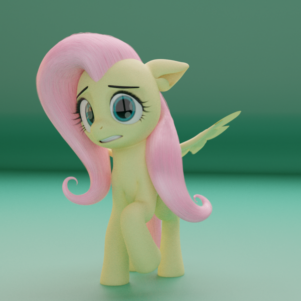 Size: 1280x1280 | Tagged: safe, artist:acrylic, artist:neuronexyt, derpibooru import, fluttershy, pegasus, pony, 3d, female, floppy ears, gritted teeth, looking at you, mare, model:djthed, nervous, raised hoof, solo, spread wings, standing, three quarter view, wings, worried