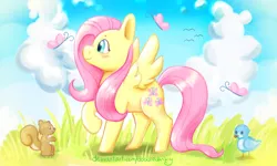 Size: 2000x1200 | Tagged: safe, artist:doodledanky, derpibooru import, fluttershy, bird, butterfly, pegasus, pony, squirrel, blushing, cloud, cute, female, looking at something, mare, outdoors, profile, raised hoof, shyabetes, sky, smiling, solo, spread wings, standing, wings