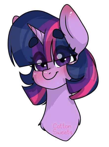 Size: 729x988 | Tagged: safe, artist:cottonsweets, derpibooru import, twilight sparkle, pony, beanbrows, blushing, bust, cheek fluff, chest fluff, cute, eye clipping through hair, eyebrows, female, looking at you, mare, portrait, simple background, solo, twiabetes, white background